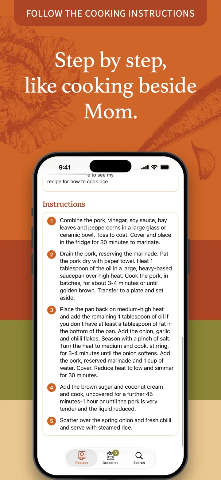Step by step, like cooking beside Mom: numbered cooking instructions